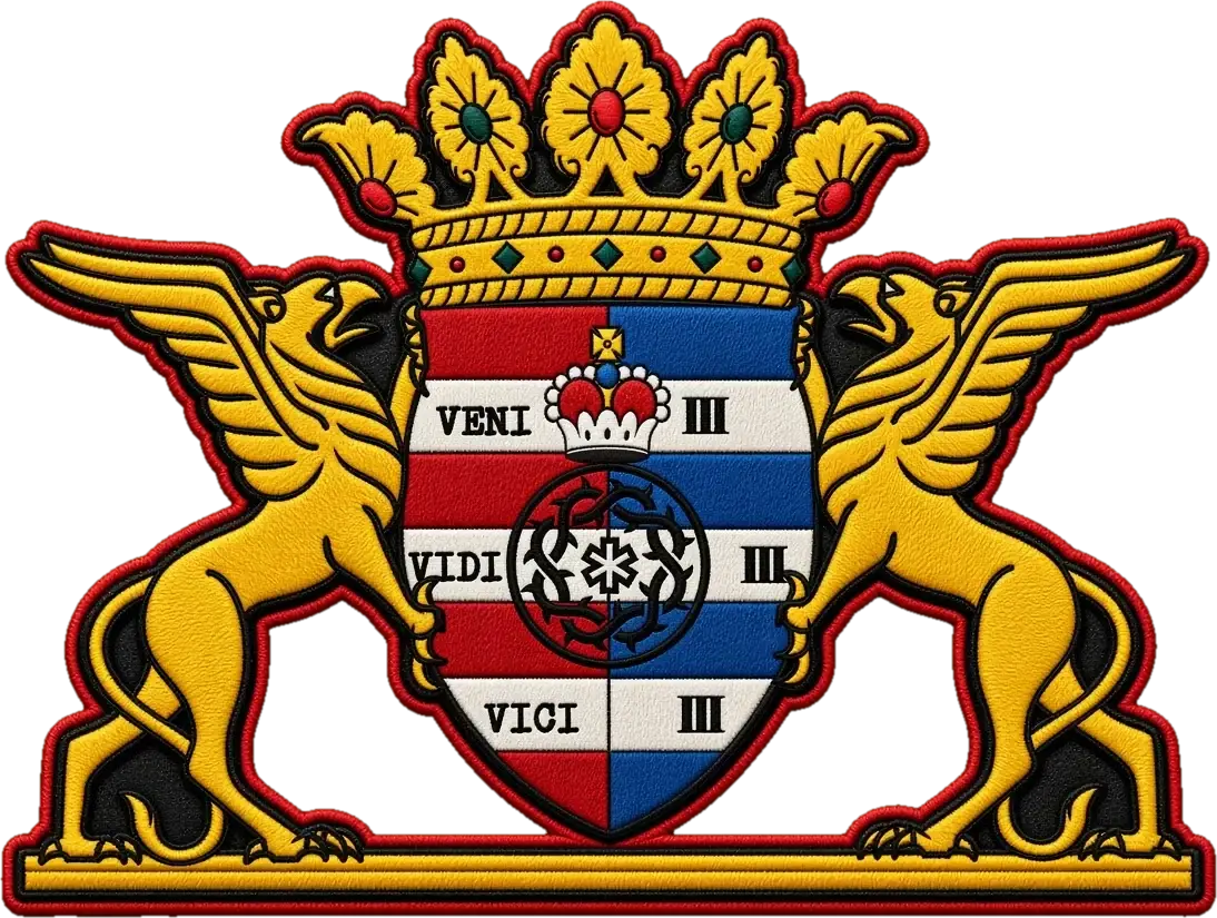 The ANMLY family coat of arms as an embroidered patch: two gold griffins and a crown around a red, white and blue shield marked Veni Vidi Vici, III, with the thorn emblem at the center