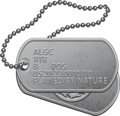 ANMLY dog tags embossed ALGC, ЯTR, B POS, 05 20 23 00 10 110, Flawed by Nature